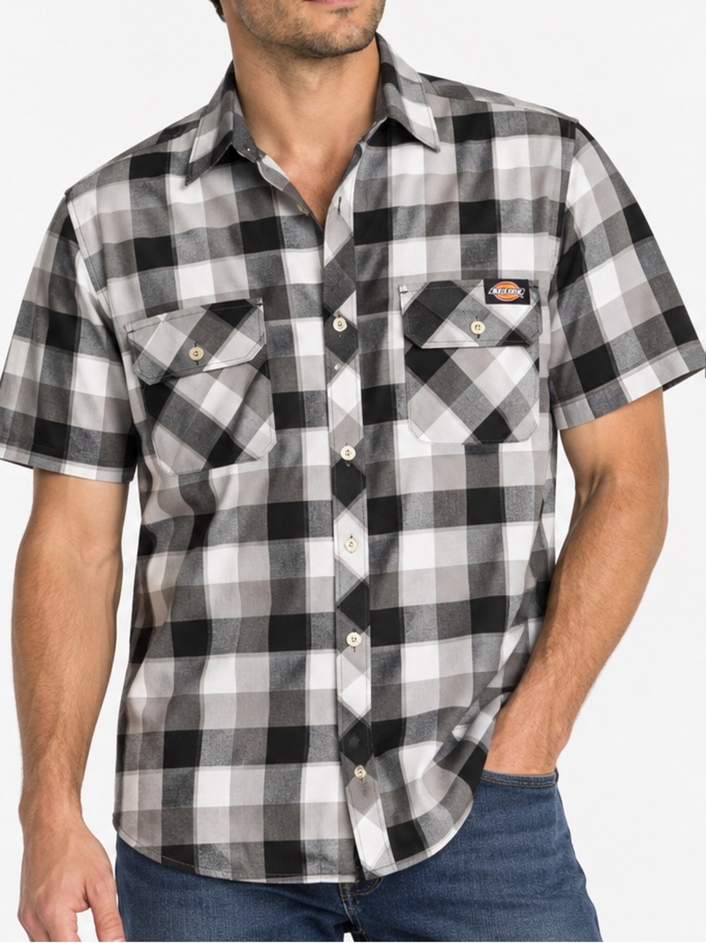 New Dickies Plaid Short Sleeve Woven Shirt XL Smoke Black White Contemporary Fit